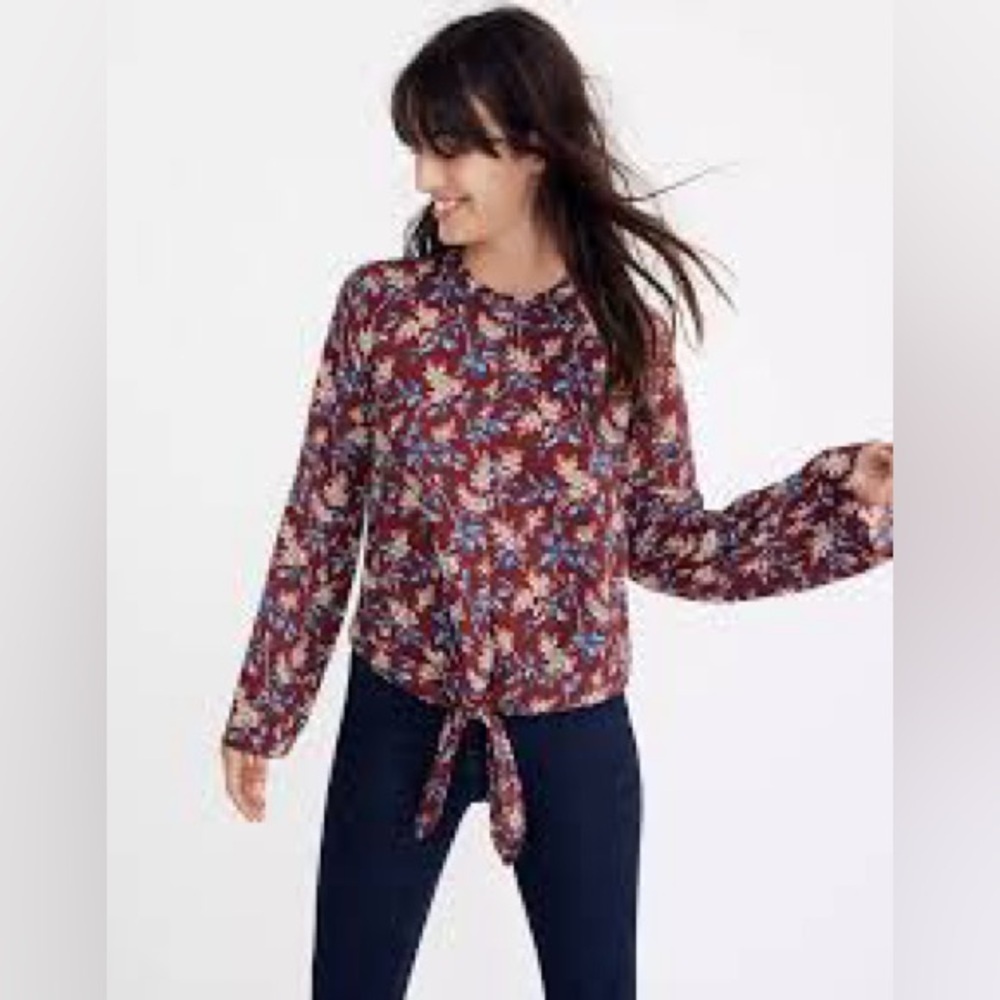 Madewell Antique Flora Tie Front Blouse Burgundy Floral Bell Sleeve Top Size XXL